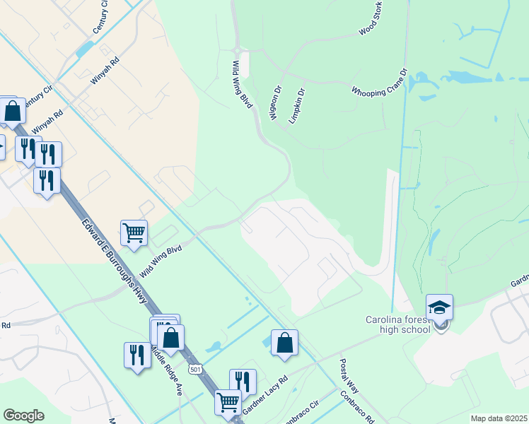 map of restaurants, bars, coffee shops, grocery stores, and more near 306 Kiskadee Loop in Conway
