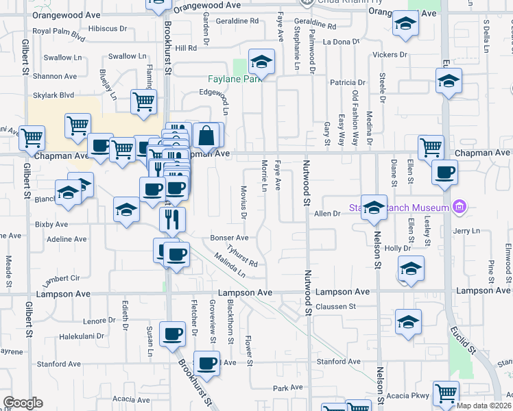 map of restaurants, bars, coffee shops, grocery stores, and more near 12161 Morrie Lane in Garden Grove
