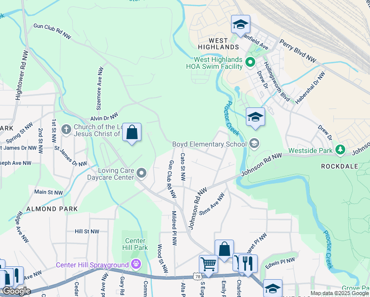 map of restaurants, bars, coffee shops, grocery stores, and more near 1131 Cato Street Northwest in Atlanta