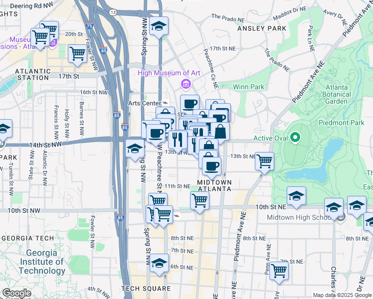 map of restaurants, bars, coffee shops, grocery stores, and more near 62 13th Street Northeast in Atlanta