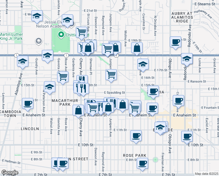 map of restaurants, bars, coffee shops, grocery stores, and more near 1485 Junipero Avenue in Long Beach