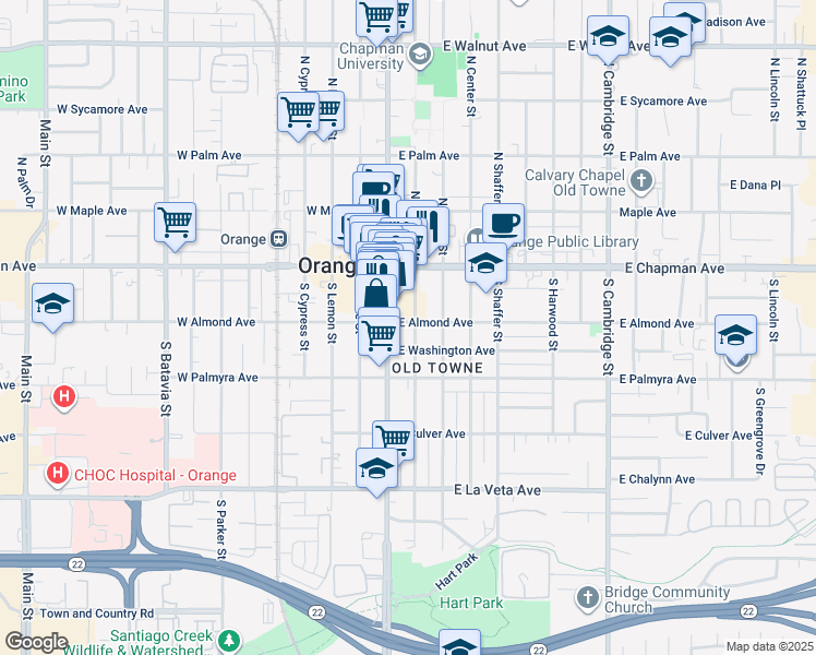 map of restaurants, bars, coffee shops, grocery stores, and more near 204 South Orange Street in Orange