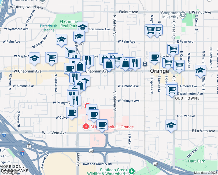 map of restaurants, bars, coffee shops, grocery stores, and more near 938 West Almond Avenue in Orange