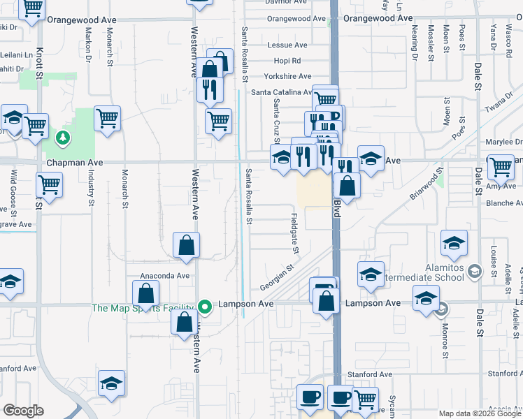 map of restaurants, bars, coffee shops, grocery stores, and more near 7722 Laurelton Avenue in Garden Grove