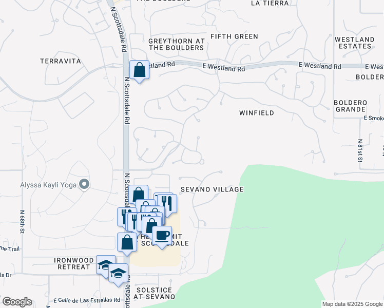 map of restaurants, bars, coffee shops, grocery stores, and more near 7423 East Sunset Sky Circle in Scottsdale