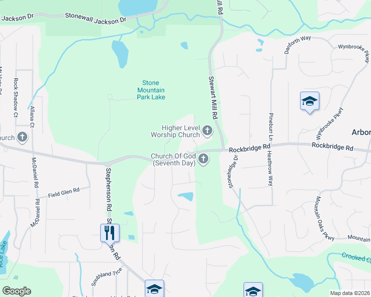 map of restaurants, bars, coffee shops, grocery stores, and more near 6744 Rockbridge Road Southwest in Stone Mountain