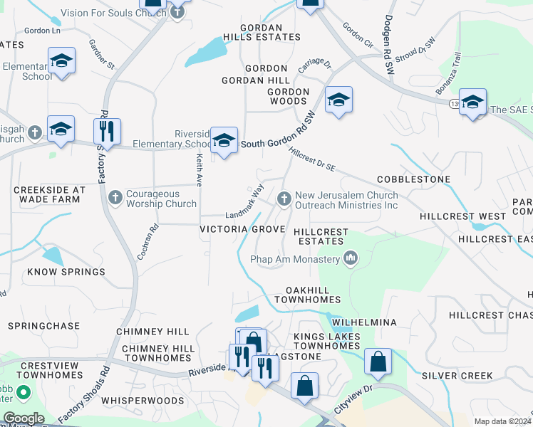 map of restaurants, bars, coffee shops, grocery stores, and more near 7006 Shenandoah Trail in Austell