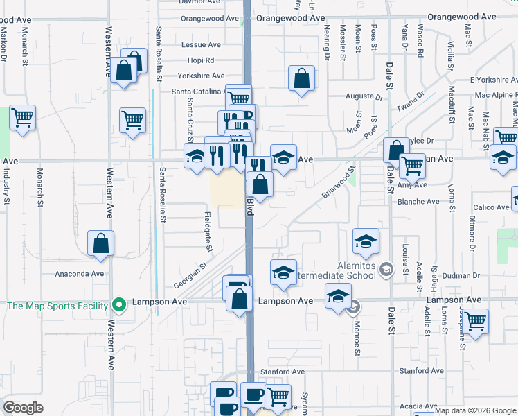 map of restaurants, bars, coffee shops, grocery stores, and more near 12140 Beach Boulevard in Stanton