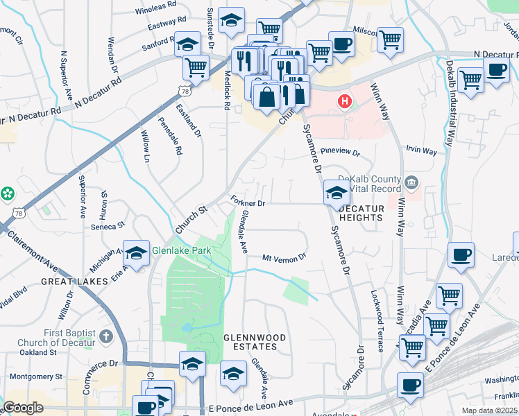 map of restaurants, bars, coffee shops, grocery stores, and more near 217 Forkner Drive in Decatur