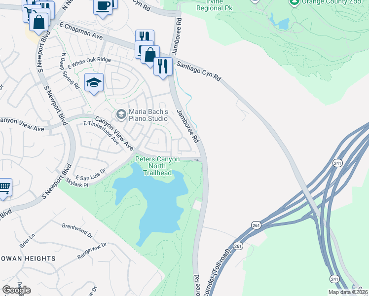 map of restaurants, bars, coffee shops, grocery stores, and more near 236 South Grisly Canyon Drive in Orange