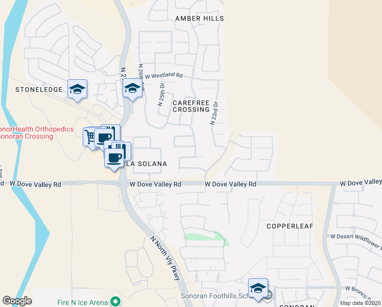 map of restaurants, bars, coffee shops, grocery stores, and more near 2405 West Red Range Way in Phoenix