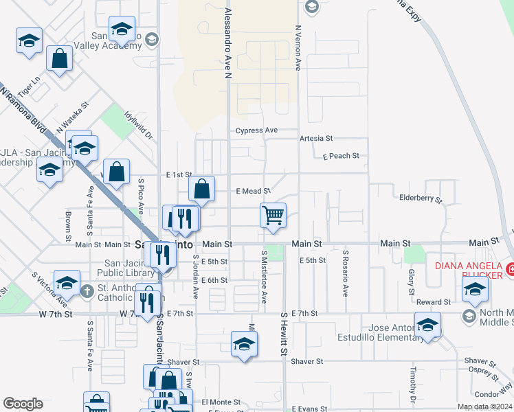 map of restaurants, bars, coffee shops, grocery stores, and more near 459 East 2nd Street in San Jacinto