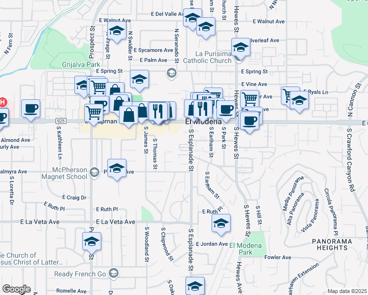 map of restaurants, bars, coffee shops, grocery stores, and more near 198 South Esplanade Street in Orange