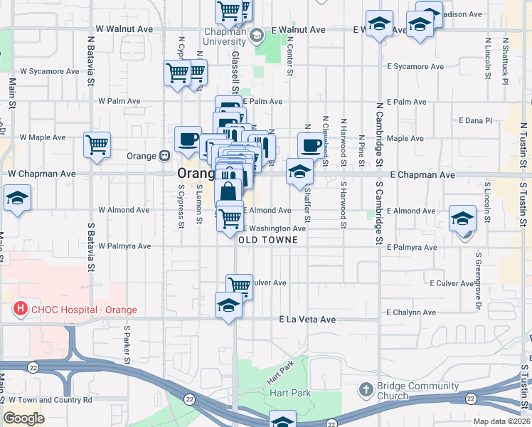 map of restaurants, bars, coffee shops, grocery stores, and more near 134 East Almond Avenue in Orange