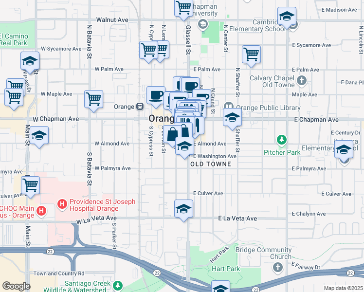 map of restaurants, bars, coffee shops, grocery stores, and more near 122 West Almond Avenue in Orange