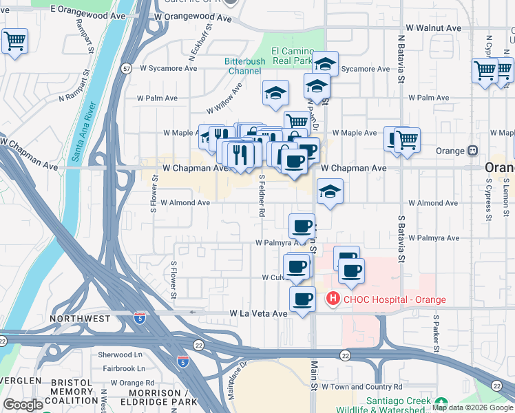 map of restaurants, bars, coffee shops, grocery stores, and more near 210 South Castle Circle in Orange