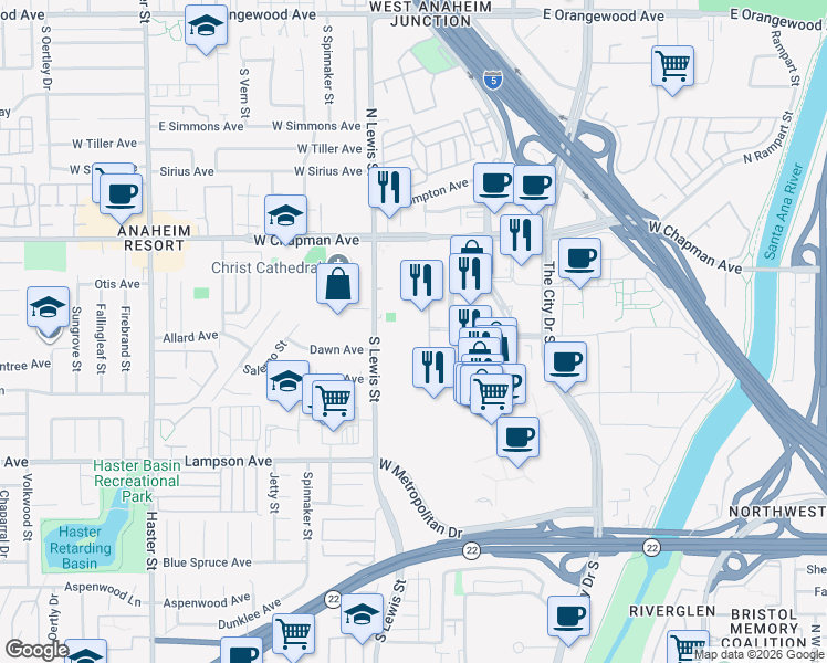 map of restaurants, bars, coffee shops, grocery stores, and more near 220 City Boulevard West in Orange