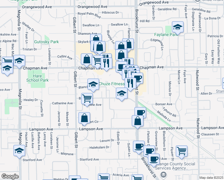 map of restaurants, bars, coffee shops, grocery stores, and more near 9741 Bixby Avenue in Garden Grove
