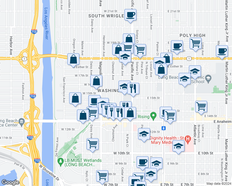map of restaurants, bars, coffee shops, grocery stores, and more near 1497 Cedar Avenue in Long Beach
