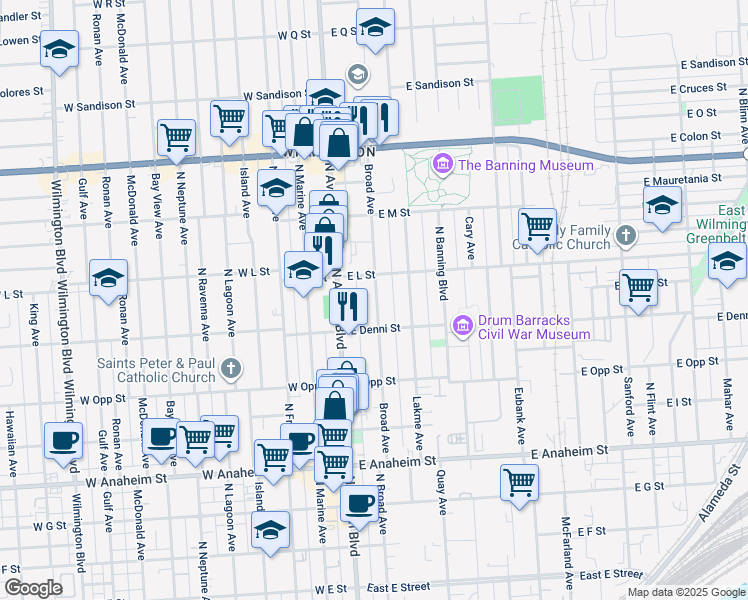 map of restaurants, bars, coffee shops, grocery stores, and more near 1137 Broad Avenue in Los Angeles