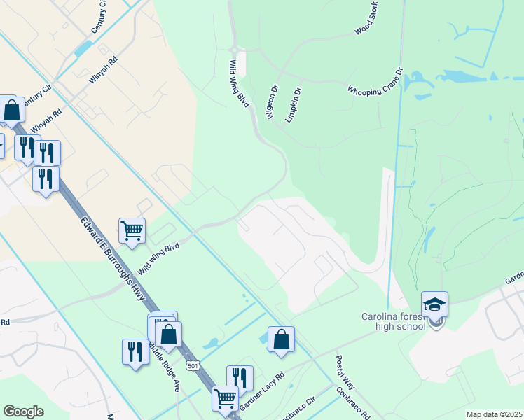 map of restaurants, bars, coffee shops, grocery stores, and more near 308 Wild Wing Boulevard in Conway