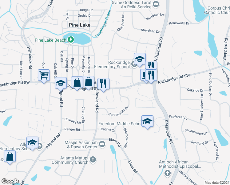 map of restaurants, bars, coffee shops, grocery stores, and more near 398 Prince of Wales in Stone Mountain