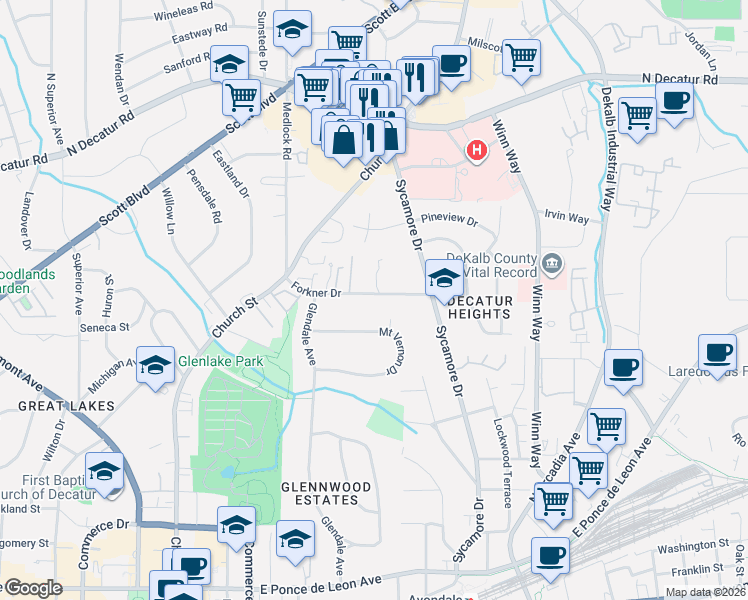 map of restaurants, bars, coffee shops, grocery stores, and more near 243 Forkner Drive in Decatur