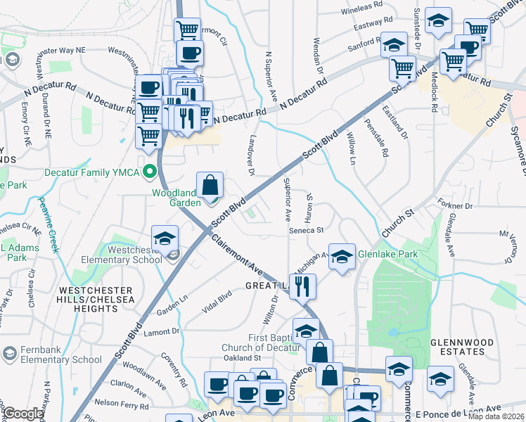 map of restaurants, bars, coffee shops, grocery stores, and more near 17 Rockland Place in Decatur