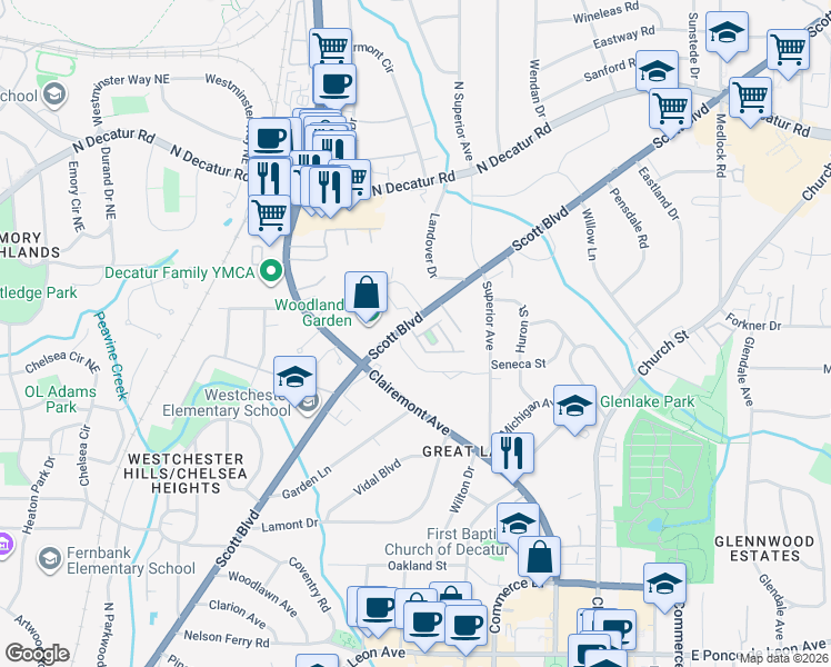 map of restaurants, bars, coffee shops, grocery stores, and more near 31 High Gate Trail in Decatur