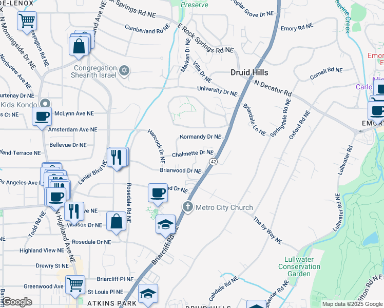map of restaurants, bars, coffee shops, grocery stores, and more near 1336 Chalmette Drive Northeast in Atlanta