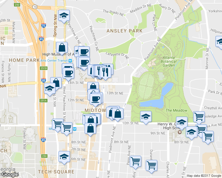 map of restaurants, bars, coffee shops, grocery stores, and more near 195 14th Street Northeast in Atlanta