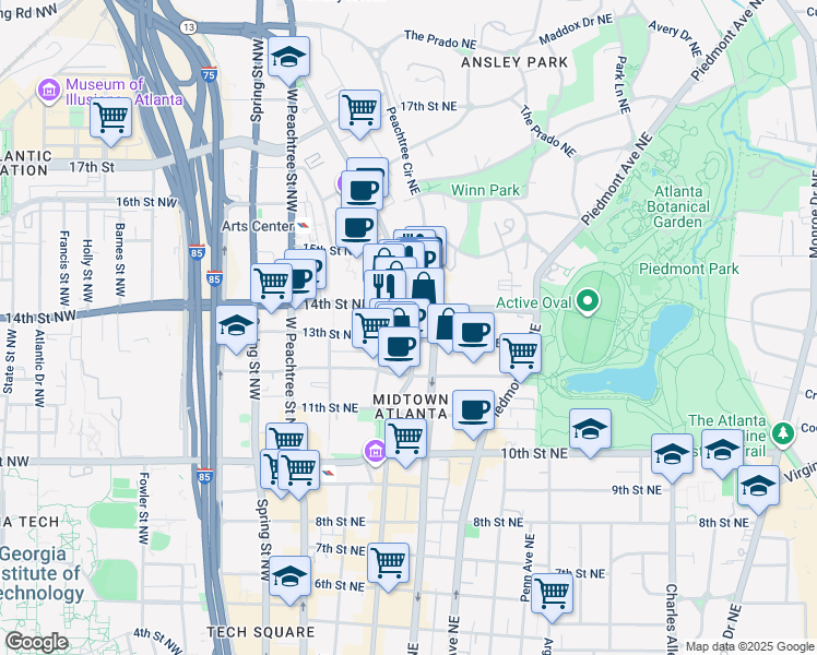 map of restaurants, bars, coffee shops, grocery stores, and more near in Atlanta