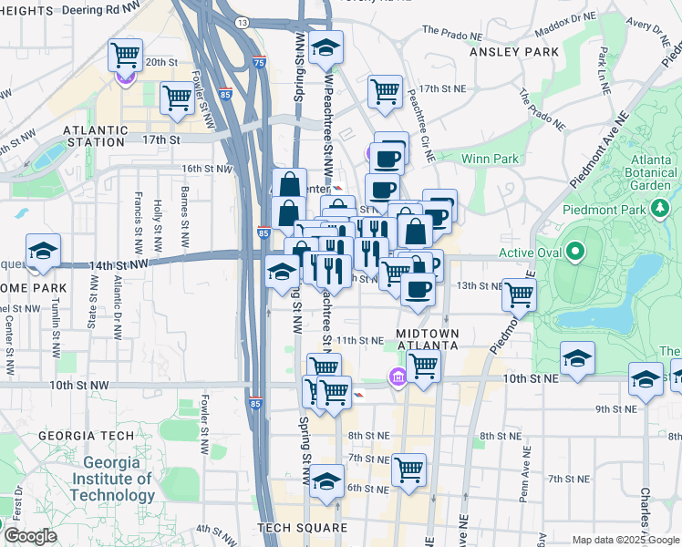 map of restaurants, bars, coffee shops, grocery stores, and more near 26 13th Street Northeast in Atlanta