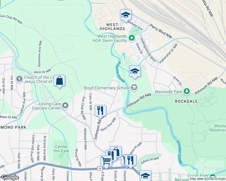 map of restaurants, bars, coffee shops, grocery stores, and more near 1976 East Avenue Northwest in Atlanta