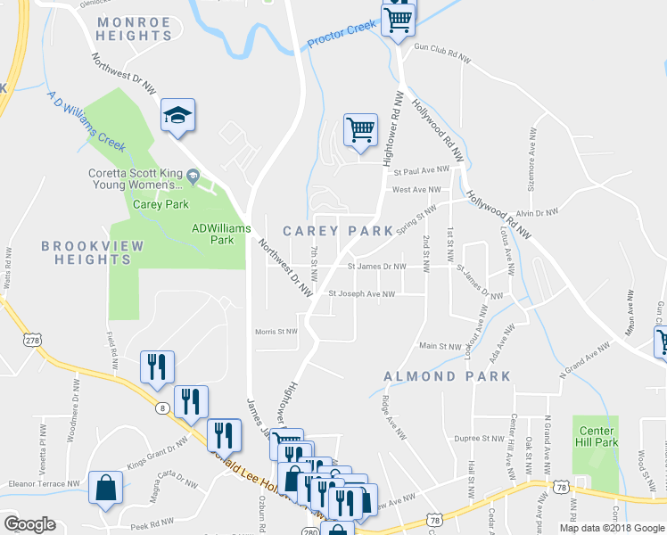 map of restaurants, bars, coffee shops, grocery stores, and more near Hightower Road Northwest in Atlanta