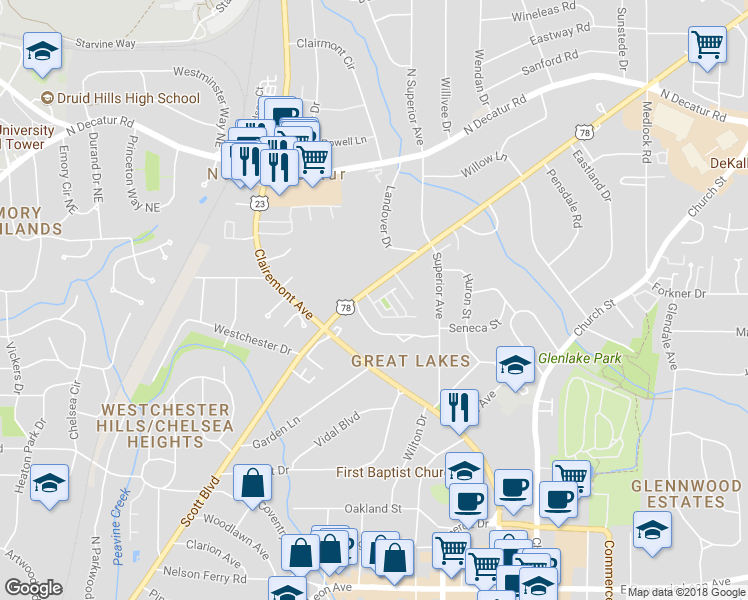 map of restaurants, bars, coffee shops, grocery stores, and more near 31 High Gate Trail in Decatur