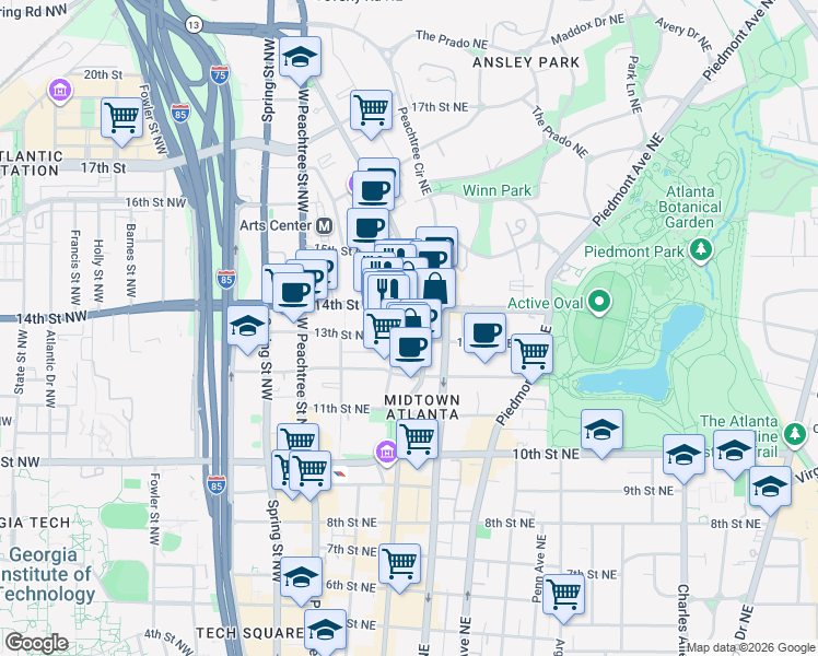 map of restaurants, bars, coffee shops, grocery stores, and more near 1069 Crescent Avenue Northeast in Atlanta