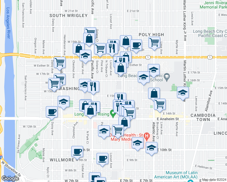 map of restaurants, bars, coffee shops, grocery stores, and more near 1530 Locust Avenue in Long Beach