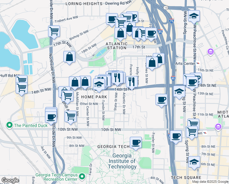 map of restaurants, bars, coffee shops, grocery stores, and more near 350 14th Street Northwest in Atlanta