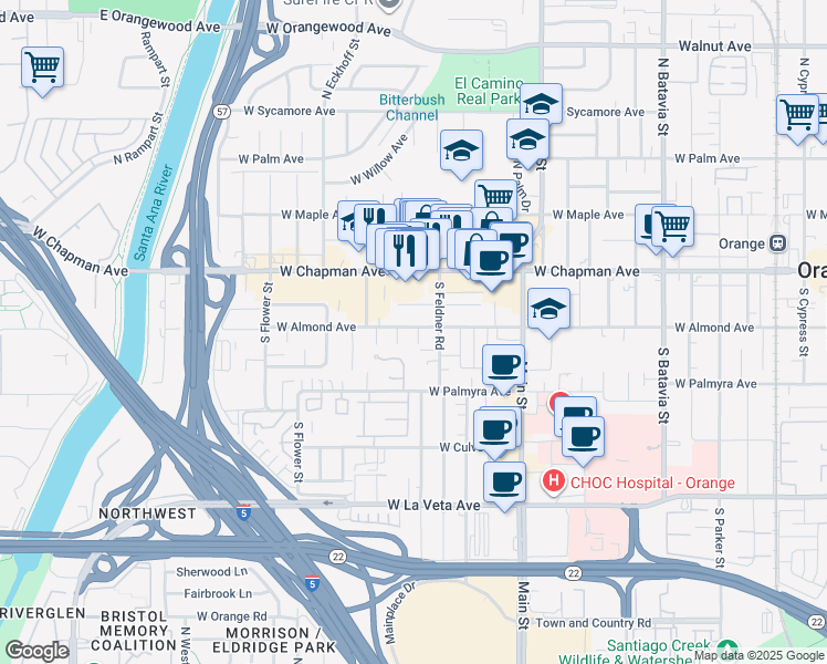 map of restaurants, bars, coffee shops, grocery stores, and more near 210 South Castle Circle in Orange