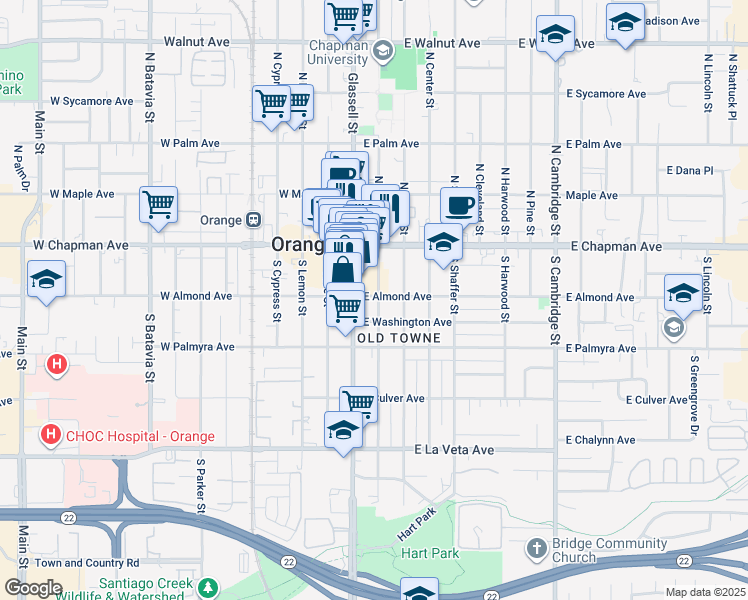 map of restaurants, bars, coffee shops, grocery stores, and more near 134 East Almond Avenue in Orange