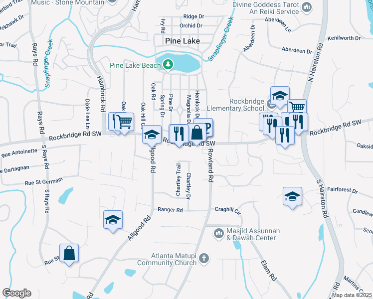 map of restaurants, bars, coffee shops, grocery stores, and more near 4599 Rockbridge Road Southwest in Stone Mountain
