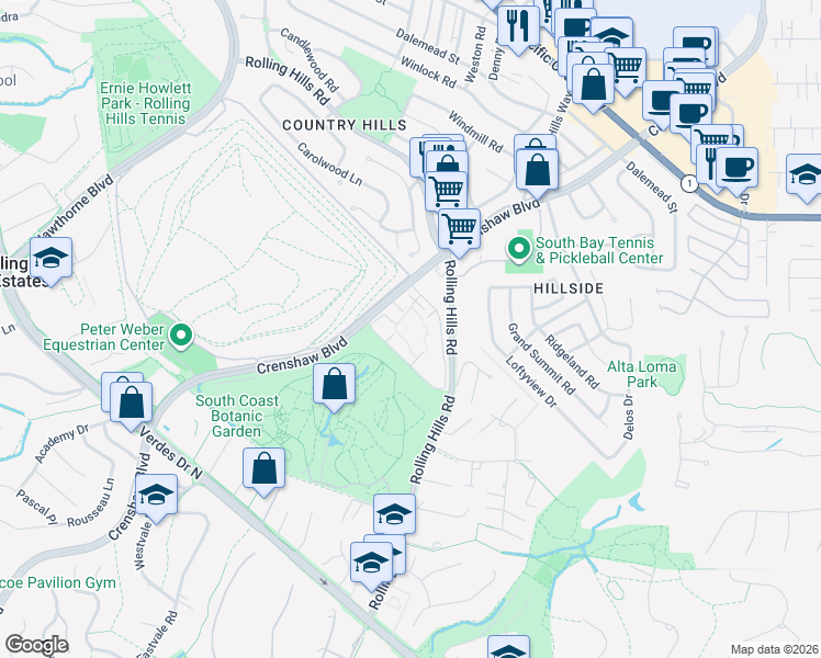map of restaurants, bars, coffee shops, grocery stores, and more near 3623 West Hidden Lane in Rolling Hills Estates