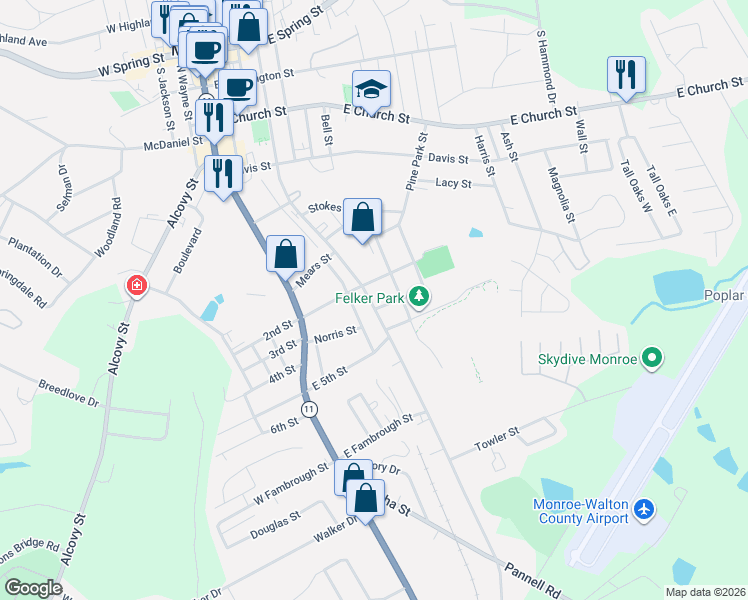 map of restaurants, bars, coffee shops, grocery stores, and more near 700 South Madison Avenue in Monroe
