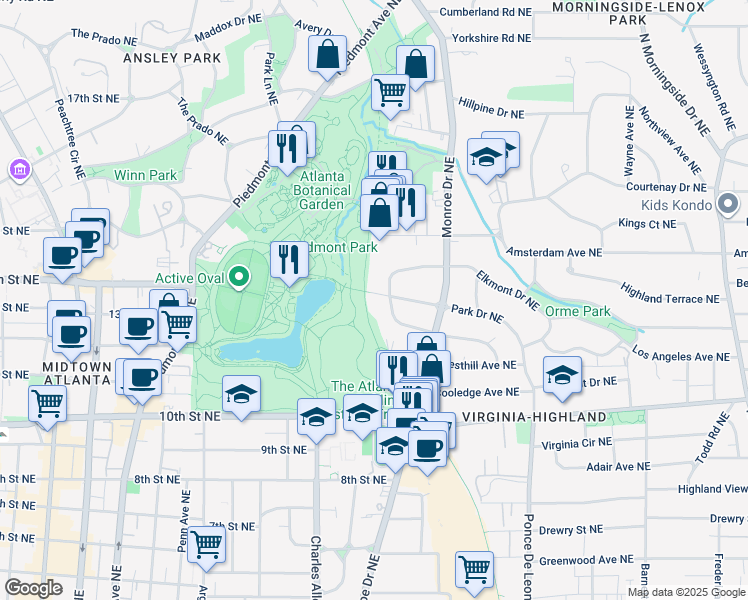 map of restaurants, bars, coffee shops, grocery stores, and more near 525 Park Drive Northeast in Atlanta