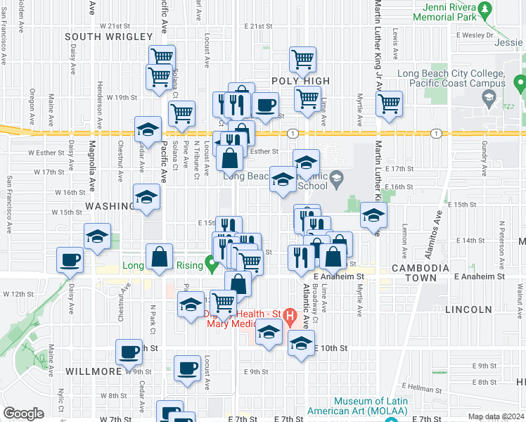 map of restaurants, bars, coffee shops, grocery stores, and more near 1532 Elm Avenue in Long Beach