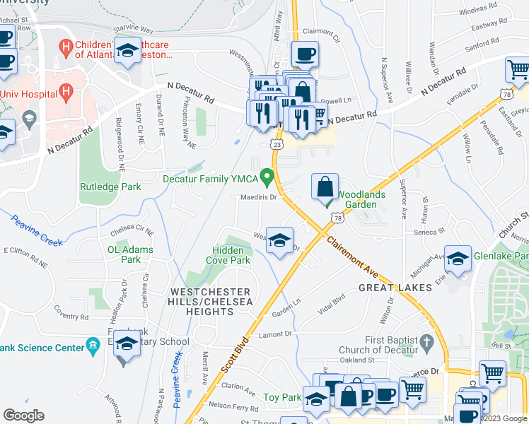 map of restaurants, bars, coffee shops, grocery stores, and more near 120 Harold Byrd Drive in Decatur