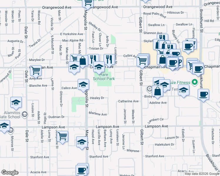 map of restaurants, bars, coffee shops, grocery stores, and more near 12162 Corvette Street in Garden Grove