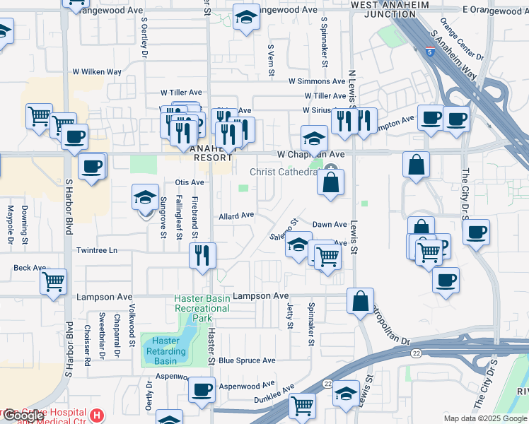 map of restaurants, bars, coffee shops, grocery stores, and more near 13161 Allard Avenue in Garden Grove