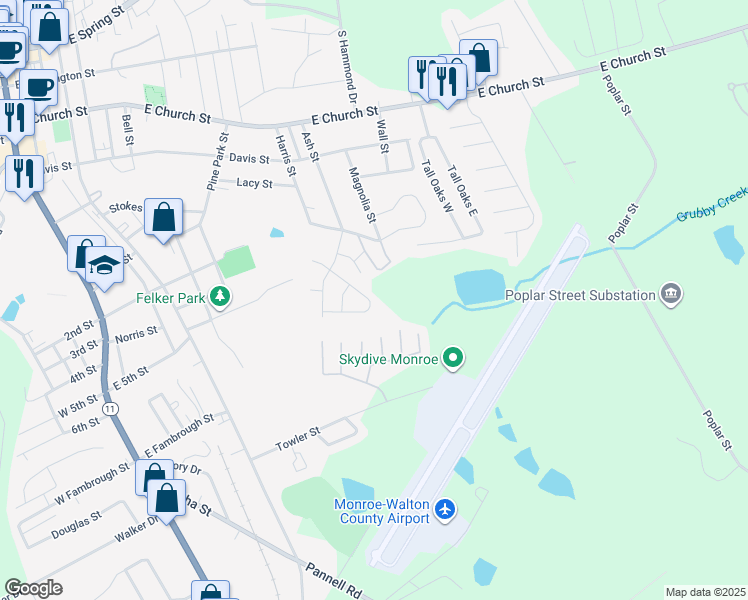 map of restaurants, bars, coffee shops, grocery stores, and more near 721 West Creek Circle in Monroe